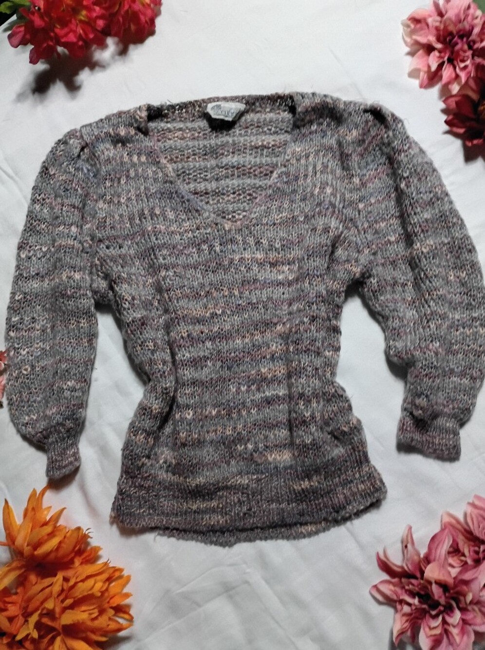 V-Neck Striped Knit Sweater - Taupe Multi
